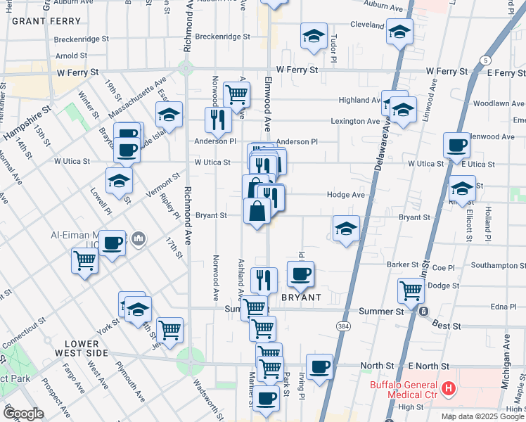 map of restaurants, bars, coffee shops, grocery stores, and more near 448 Elmwood Avenue in Buffalo