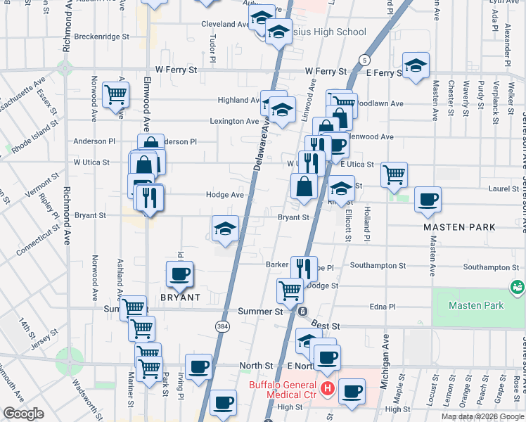 map of restaurants, bars, coffee shops, grocery stores, and more near 925 Delaware Avenue in Buffalo