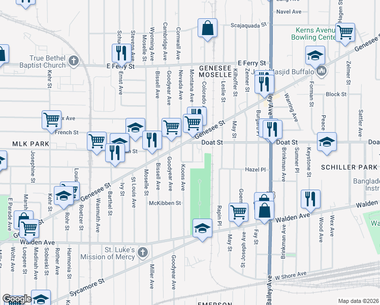 map of restaurants, bars, coffee shops, grocery stores, and more near 22 Rustic Place in Buffalo