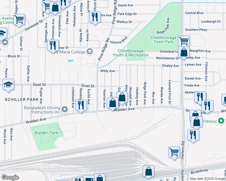 map of restaurants, bars, coffee shops, grocery stores, and more near 69 Haller Avenue in Buffalo
