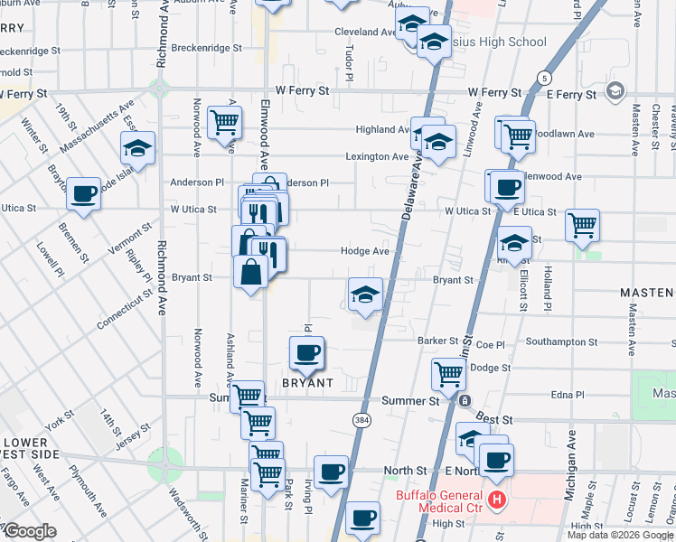 map of restaurants, bars, coffee shops, grocery stores, and more near 179 Bryant Street in Buffalo