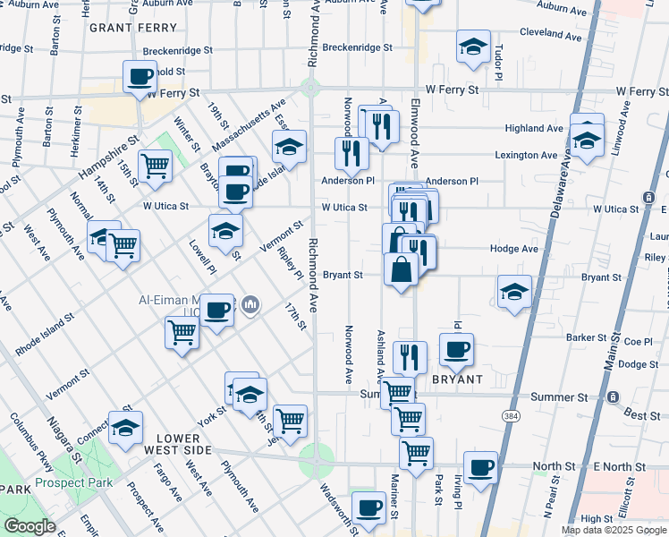map of restaurants, bars, coffee shops, grocery stores, and more near 379 Bryant Street in Buffalo