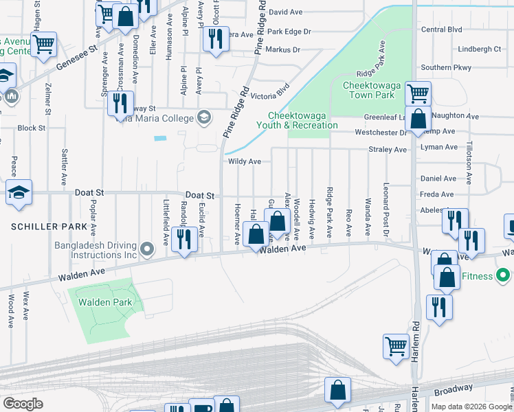 map of restaurants, bars, coffee shops, grocery stores, and more near 69 Haller Avenue in Buffalo