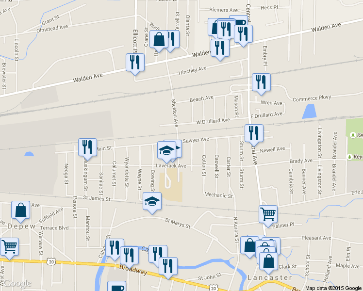map of restaurants, bars, coffee shops, grocery stores, and more near 94 Sawyer Avenue in Lancaster