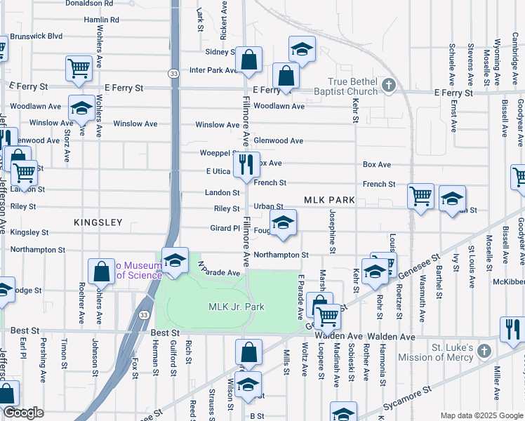 map of restaurants, bars, coffee shops, grocery stores, and more near 1293 Fillmore Avenue in Buffalo
