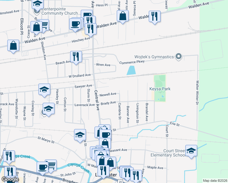 map of restaurants, bars, coffee shops, grocery stores, and more near 42 Newell Avenue in Lancaster