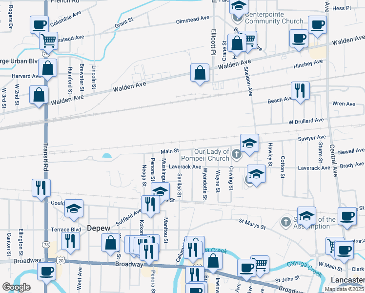 map of restaurants, bars, coffee shops, grocery stores, and more near 84 Main Street in Depew
