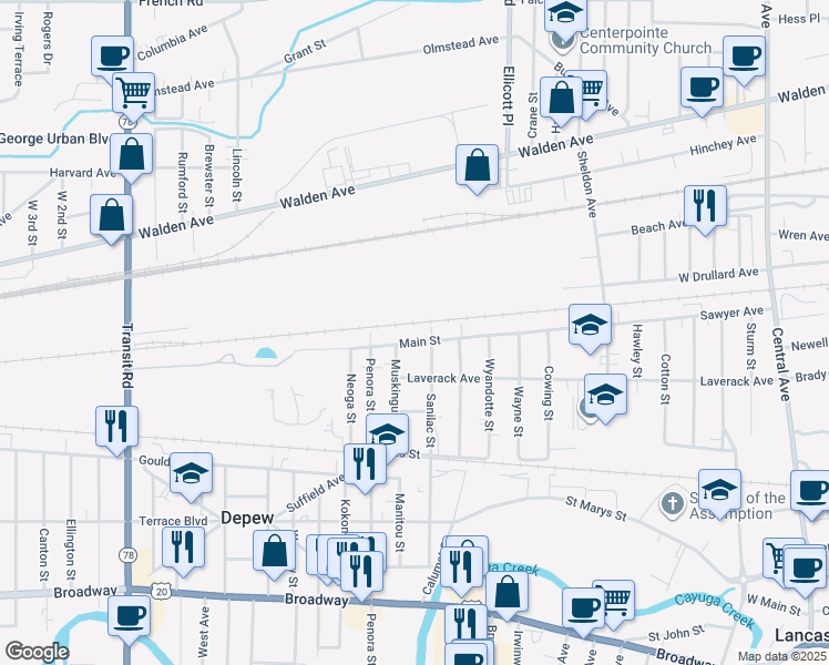 map of restaurants, bars, coffee shops, grocery stores, and more near 84 Main Street in Depew