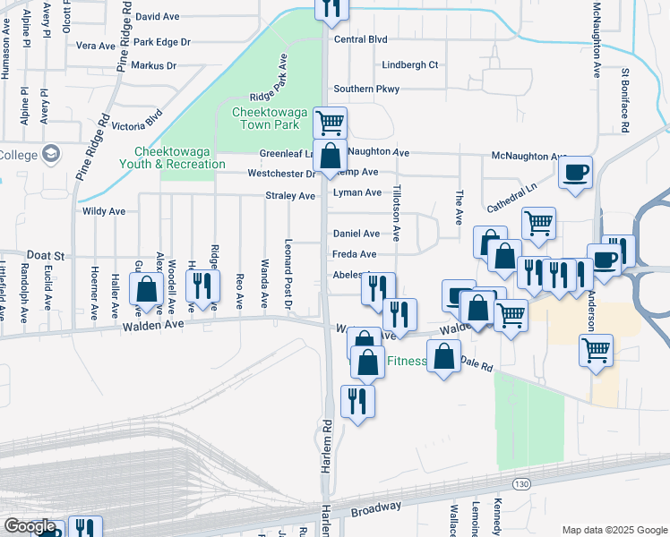 map of restaurants, bars, coffee shops, grocery stores, and more near 2408 Harlem Road in Cheektowaga