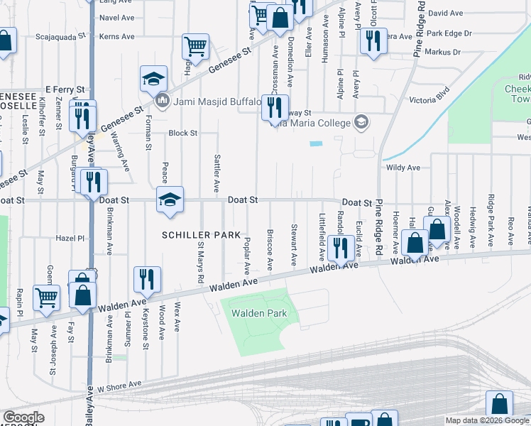 map of restaurants, bars, coffee shops, grocery stores, and more near 97 Briscoe Avenue in Buffalo