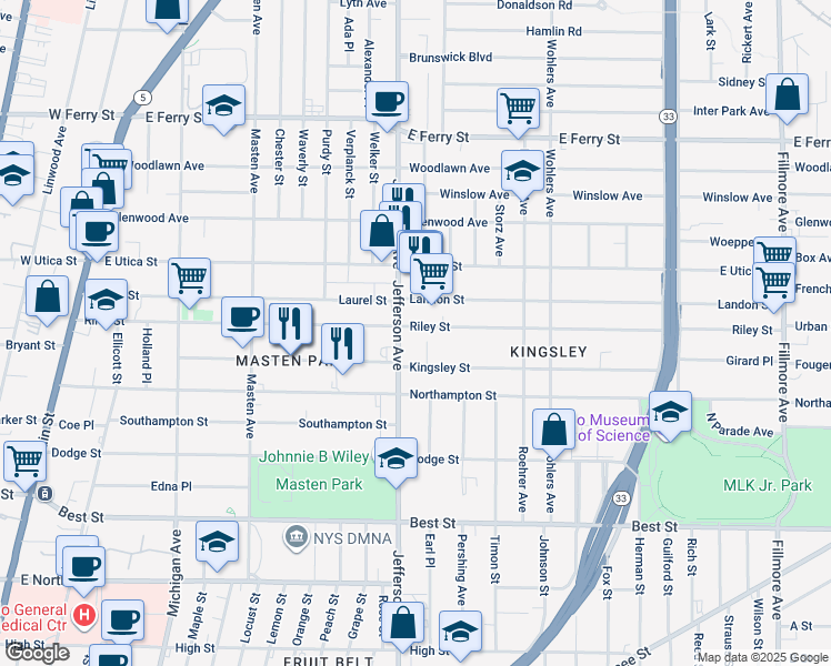 map of restaurants, bars, coffee shops, grocery stores, and more near 1247 Jefferson Avenue in Buffalo