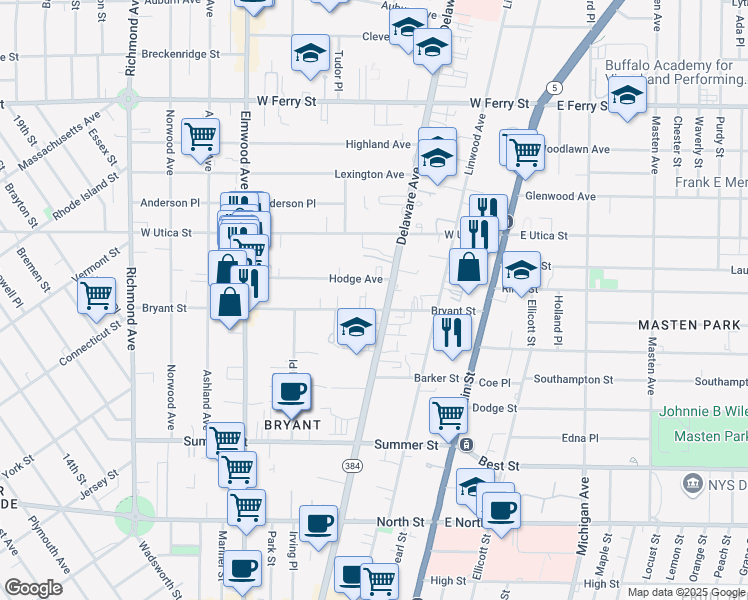 map of restaurants, bars, coffee shops, grocery stores, and more near 916 Delaware Avenue in Buffalo