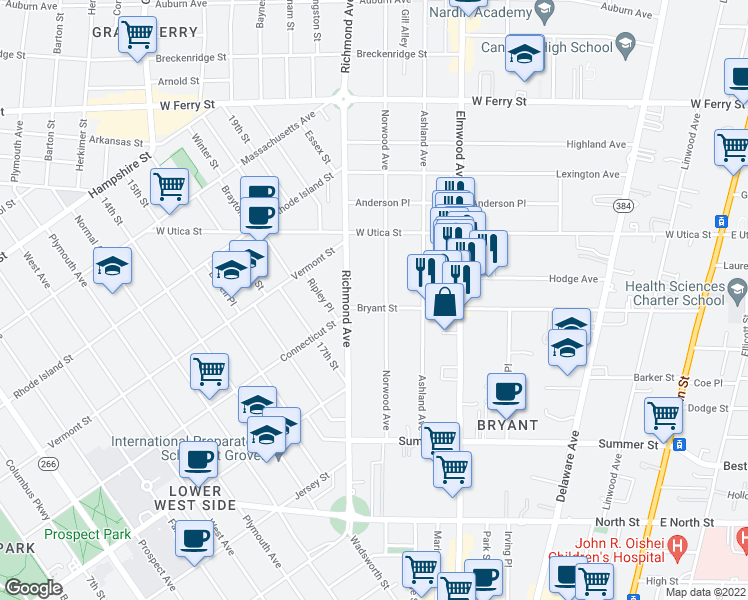 map of restaurants, bars, coffee shops, grocery stores, and more near 154 Norwood Avenue in Buffalo