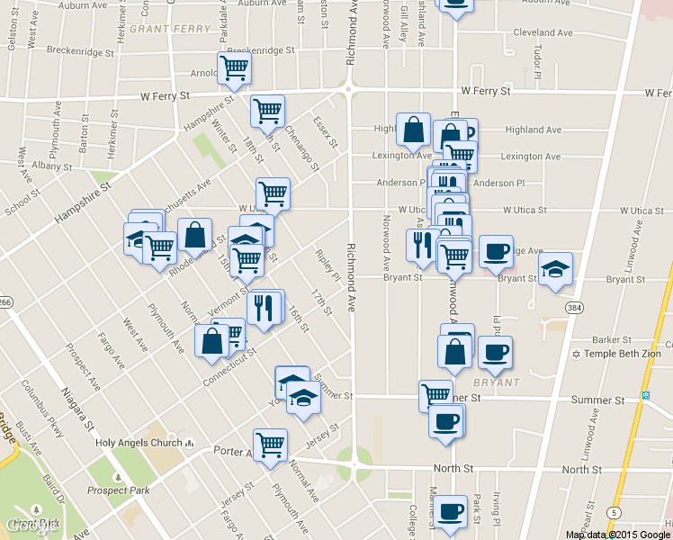 map of restaurants, bars, coffee shops, grocery stores, and more near 245 Richmond Avenue in Buffalo