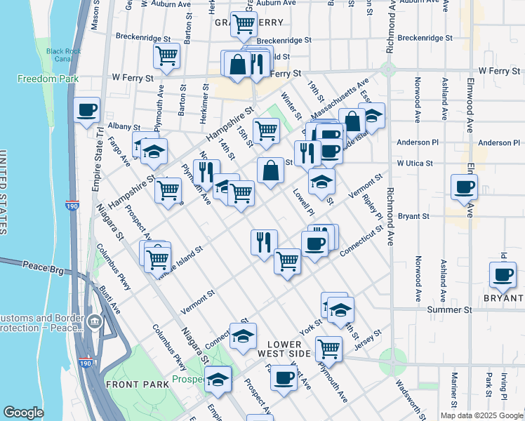 map of restaurants, bars, coffee shops, grocery stores, and more near 322 14th Street in Buffalo