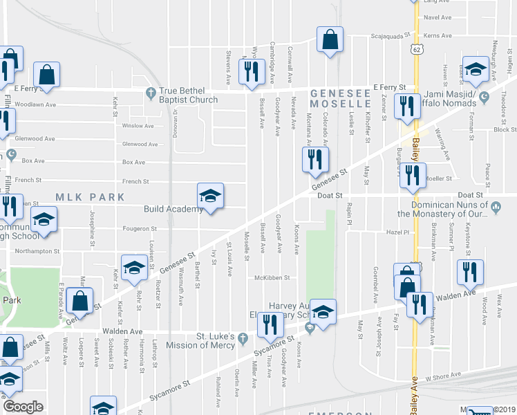 map of restaurants, bars, coffee shops, grocery stores, and more near 170 Bissell Avenue in Buffalo