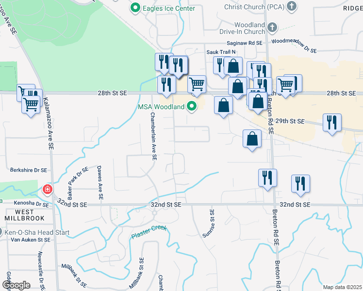 map of restaurants, bars, coffee shops, grocery stores, and more near 2100 Shangrai La Drive Southeast in Grand Rapids