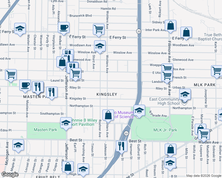 map of restaurants, bars, coffee shops, grocery stores, and more near 503 Riley Street in Buffalo