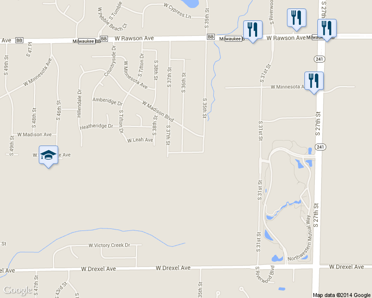 map of restaurants, bars, coffee shops, grocery stores, and more near 7464 South 36th Street in Franklin