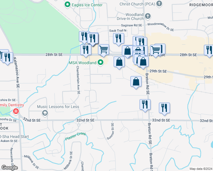map of restaurants, bars, coffee shops, grocery stores, and more near 2140 Shangrai La Drive Southeast in Grand Rapids