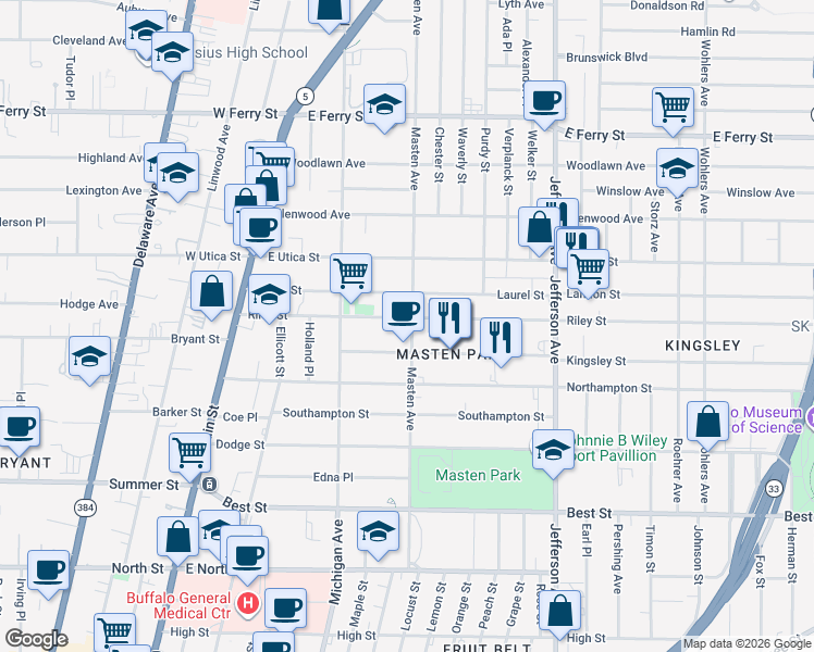 map of restaurants, bars, coffee shops, grocery stores, and more near 245 Masten Avenue in Buffalo