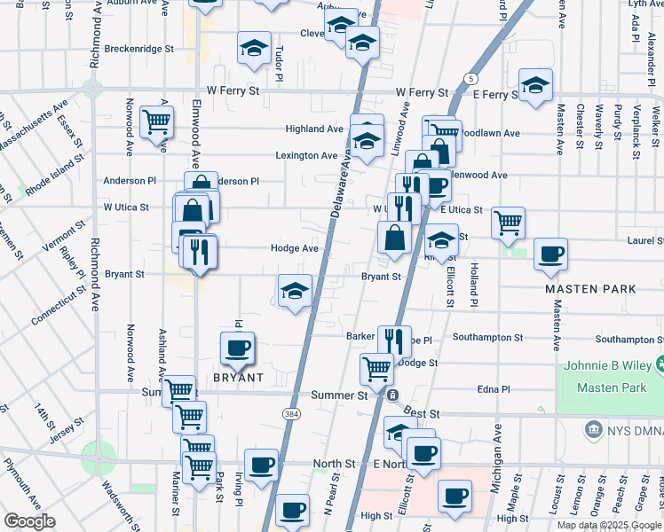 map of restaurants, bars, coffee shops, grocery stores, and more near 81 Bryant Street in Buffalo