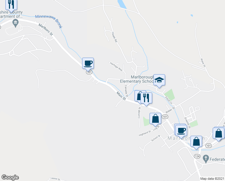 map of restaurants, bars, coffee shops, grocery stores, and more near 51 Main Street in Marlborough