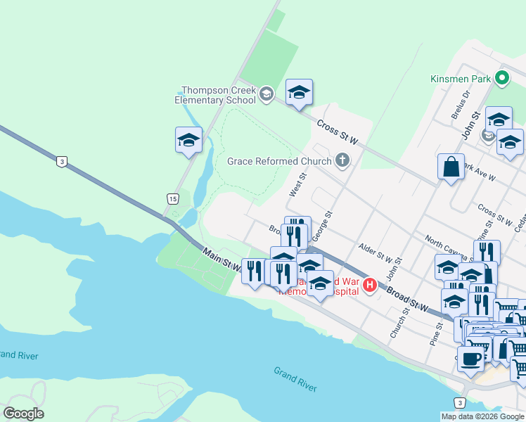 map of restaurants, bars, coffee shops, grocery stores, and more near 653 Broad Street West in Haldimand