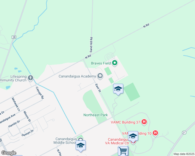 map of restaurants, bars, coffee shops, grocery stores, and more near 435 East Street in Canandaigua