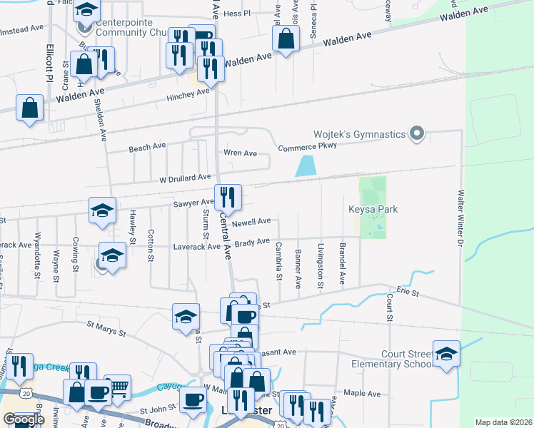 map of restaurants, bars, coffee shops, grocery stores, and more near 42 Newell Avenue in Lancaster