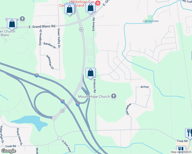 map of restaurants, bars, coffee shops, grocery stores, and more near 8225 Embury Road in Grand Blanc Township