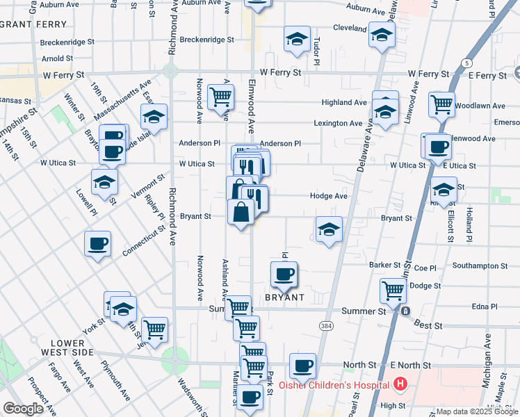 map of restaurants, bars, coffee shops, grocery stores, and more near 242 Bryant Street in Buffalo
