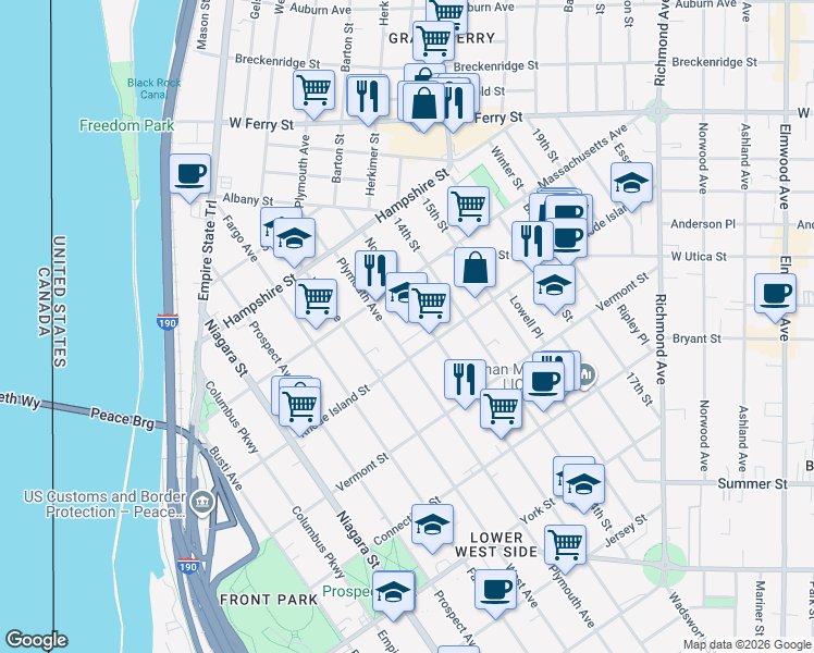 map of restaurants, bars, coffee shops, grocery stores, and more near in Buffalo