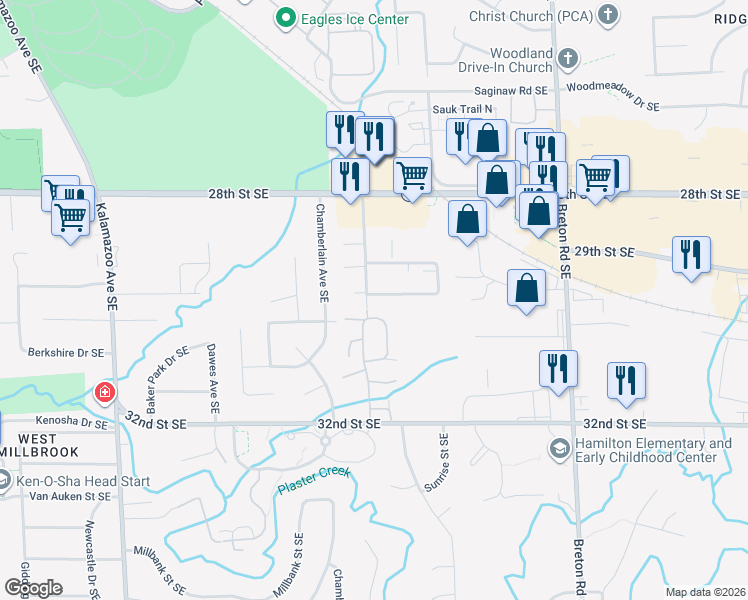 map of restaurants, bars, coffee shops, grocery stores, and more near 2100 Shangrai La Drive Southeast in Grand Rapids