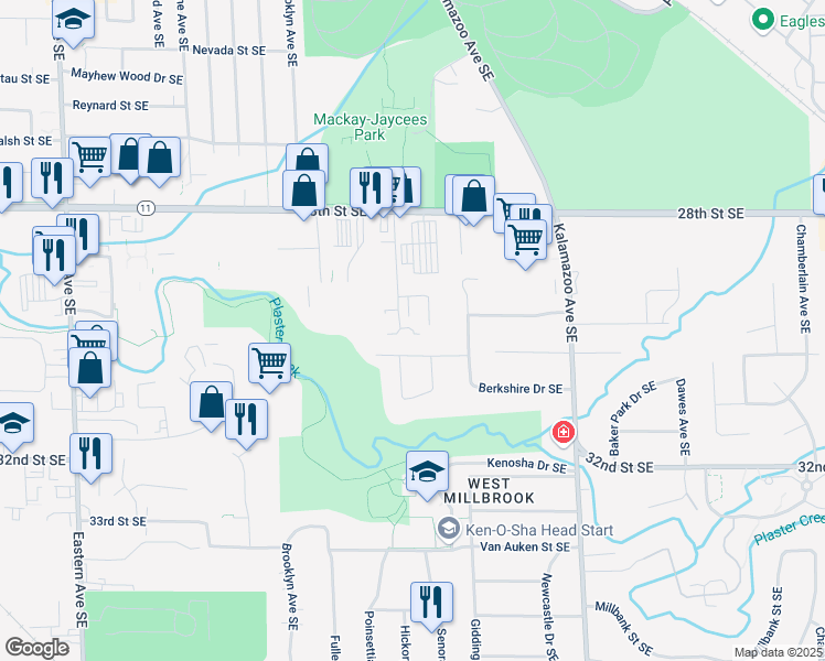 map of restaurants, bars, coffee shops, grocery stores, and more near 1333 Forrester Street Southeast in Grand Rapids