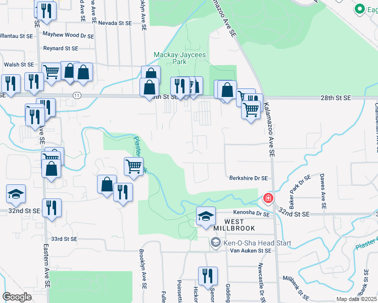 map of restaurants, bars, coffee shops, grocery stores, and more near 1305 Forrester Street Southeast in Grand Rapids