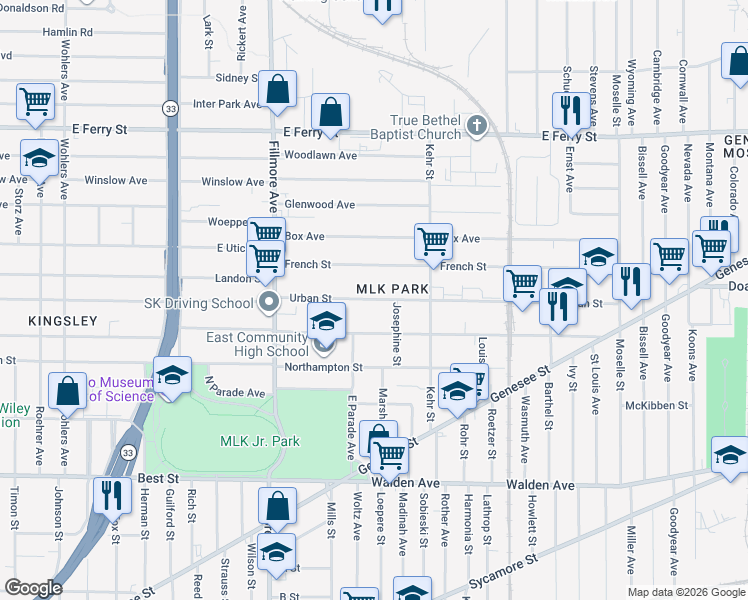 map of restaurants, bars, coffee shops, grocery stores, and more near 95 Urban Street in Buffalo