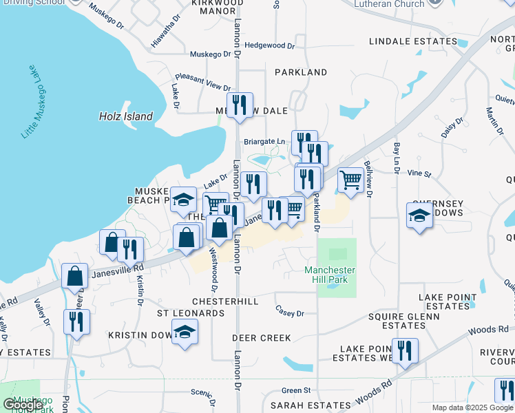 map of restaurants, bars, coffee shops, grocery stores, and more near s74w17090 Janesville Road in Muskego
