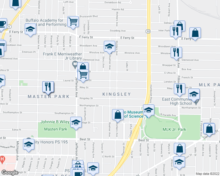 map of restaurants, bars, coffee shops, grocery stores, and more near Riley Street & Roehrer Avenue in Buffalo