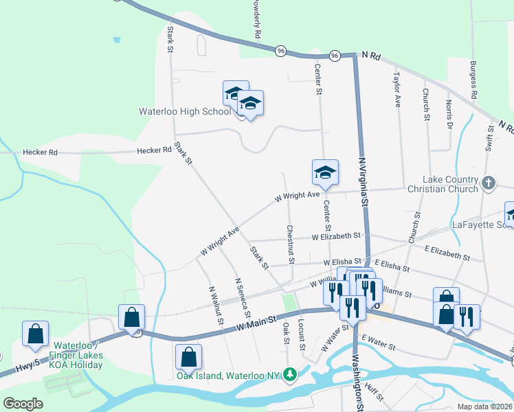 map of restaurants, bars, coffee shops, grocery stores, and more near 54 West Wright Avenue in Waterloo