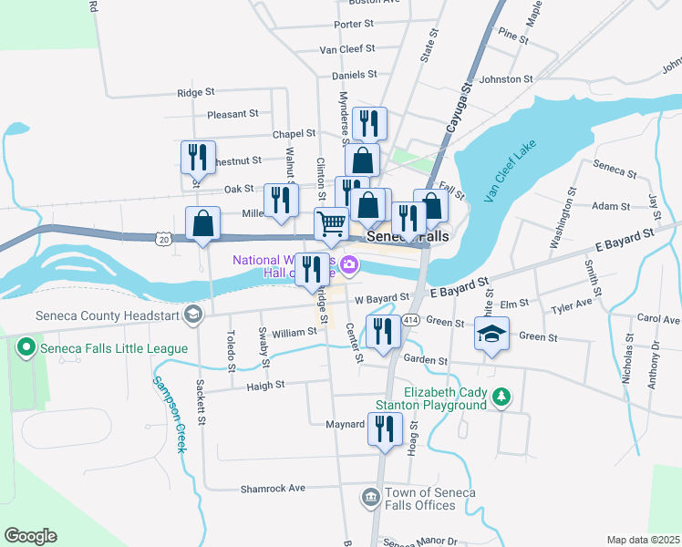 map of restaurants, bars, coffee shops, grocery stores, and more near 1 Canal Street in Seneca Falls
