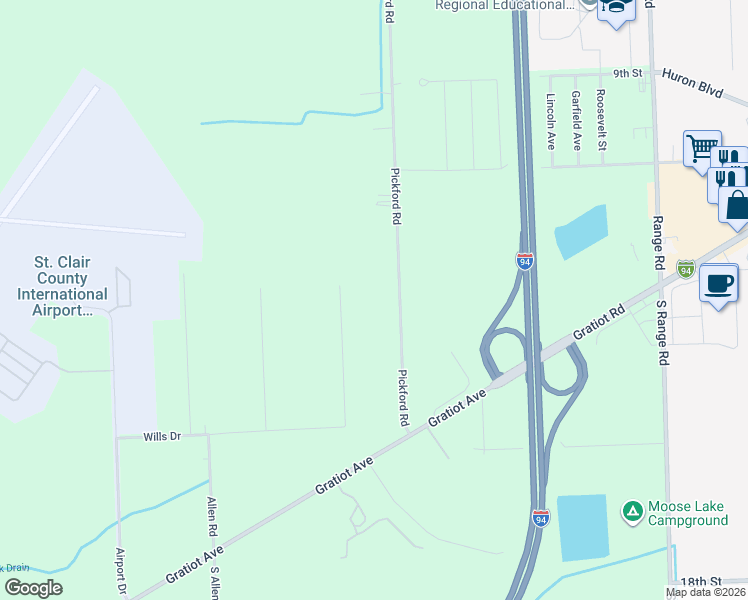 map of restaurants, bars, coffee shops, grocery stores, and more near 145 Pickford Road in Smiths Creek