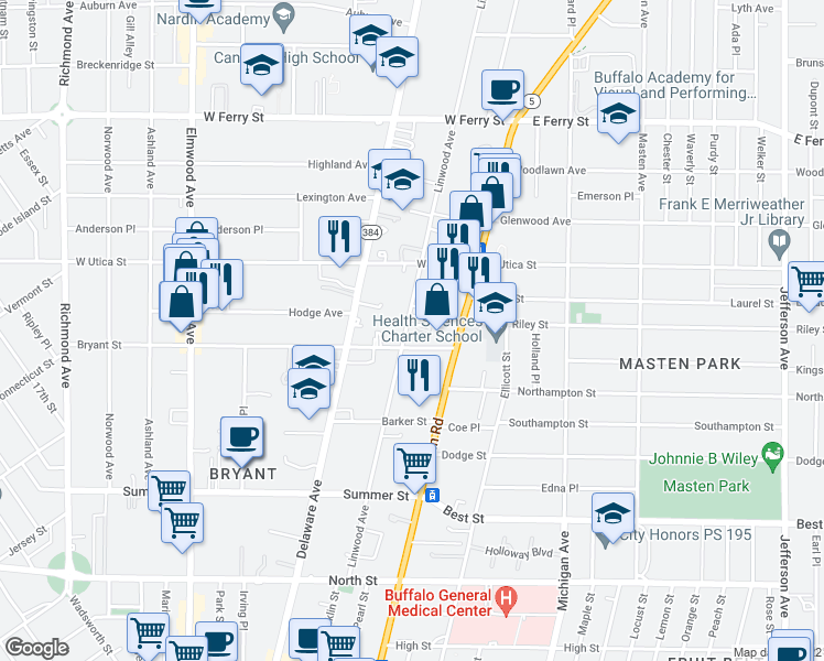 map of restaurants, bars, coffee shops, grocery stores, and more near 255 Linwood Avenue in Buffalo