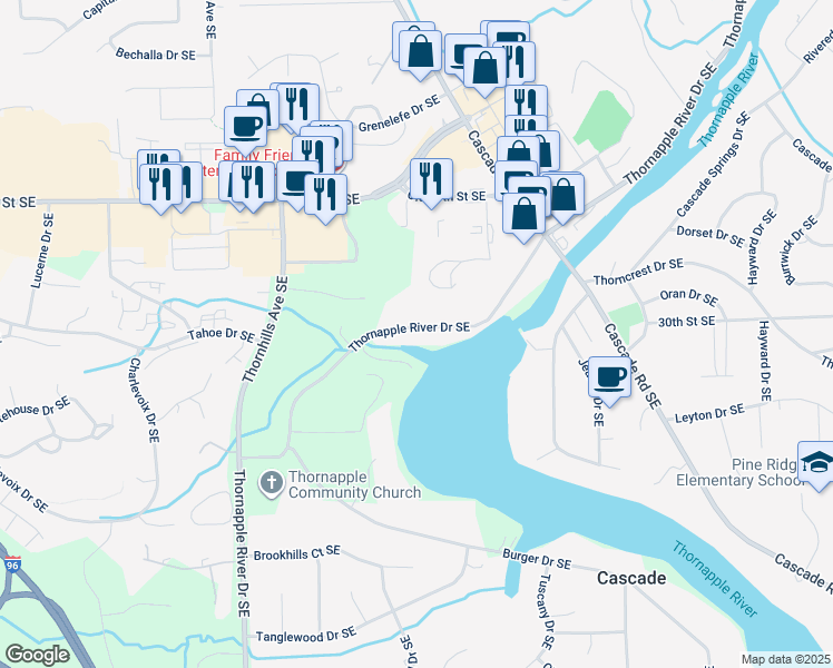 map of restaurants, bars, coffee shops, grocery stores, and more near 3024 Thornapple River Drive Southeast in Grand Rapids