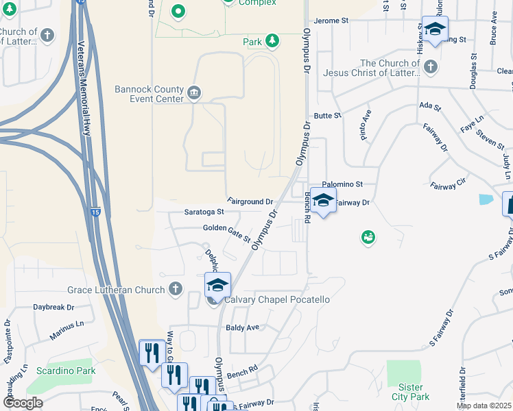 map of restaurants, bars, coffee shops, grocery stores, and more near 1727 Saratoga Street in Pocatello