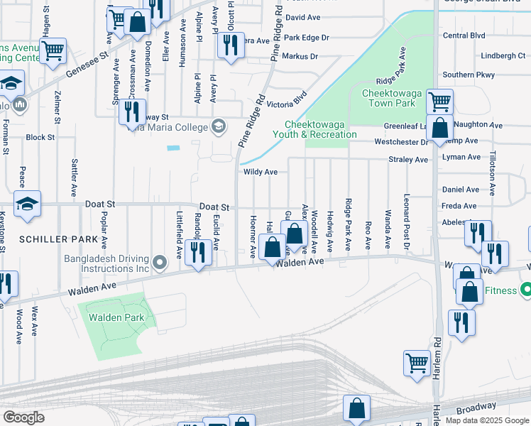 map of restaurants, bars, coffee shops, grocery stores, and more near 61 Hoerner Avenue in Buffalo