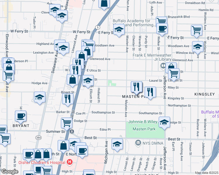 map of restaurants, bars, coffee shops, grocery stores, and more near 1314 Michigan Avenue in Buffalo