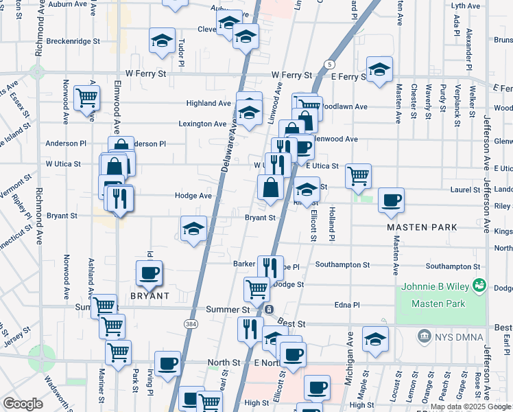 map of restaurants, bars, coffee shops, grocery stores, and more near in Buffalo