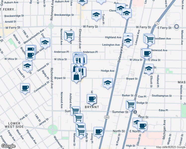 map of restaurants, bars, coffee shops, grocery stores, and more near 200 Bryant Street in Buffalo