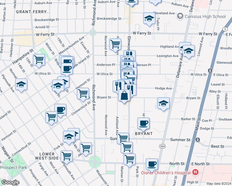 map of restaurants, bars, coffee shops, grocery stores, and more near 323 Bryant Street in Buffalo